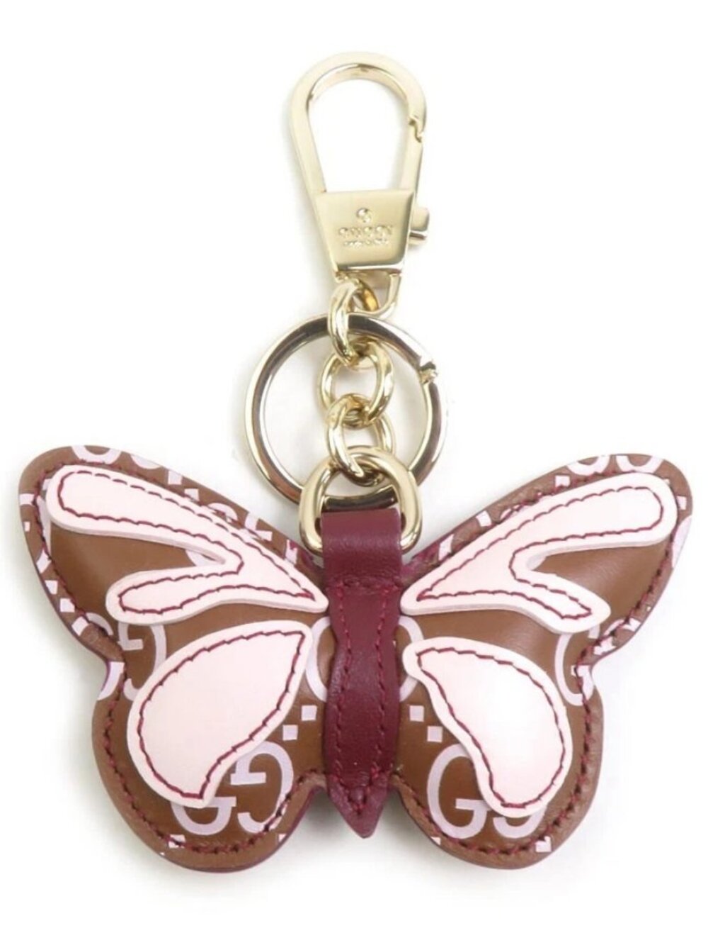 Auth GUCCI Butterfly Motif Charm Key Ring Brown/Pink/Gold Leather/Metal e62247c